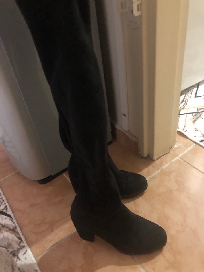 Siyah Çorap Çizme Süet Dizüstü Topuklu Bot - Görsel 4