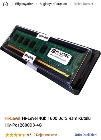 Hi level dd3 ram 1600 mhz sifir kapali kutu