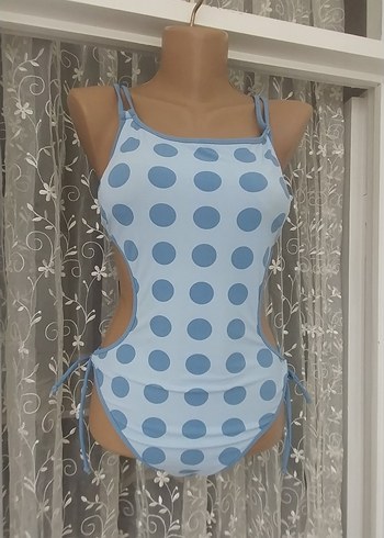 Mavi Puantiyeli Bağcıklı Kadın Mayo - Görsel 6