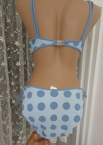 Mavi Puantiyeli Bağcıklı Kadın Mayo - Görsel 5