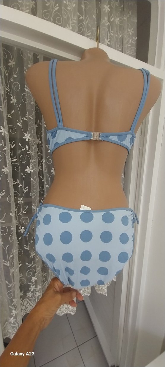 Mavi Puantiyeli Bağcıklı Kadın Mayo - Görsel 5