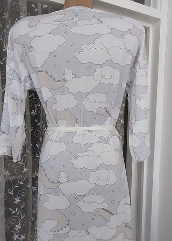 Gri Bulut Desenli Uzun Kadın Sabahlık - Görsel 2