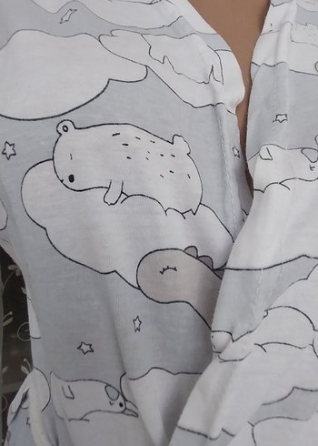 Gri Bulut Desenli Uzun Kadın Sabahlık - Görsel 4