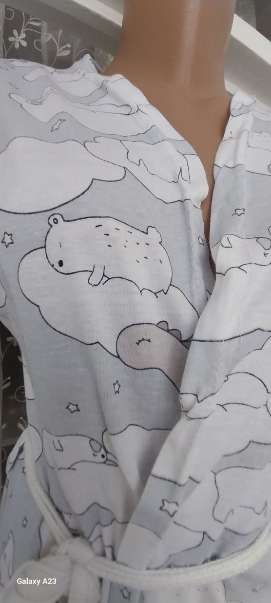 Gri Bulut Desenli Uzun Kadın Sabahlık - Görsel 4