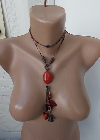 Kırmızı Etnik Boncuklu Mini Bohem Kolye