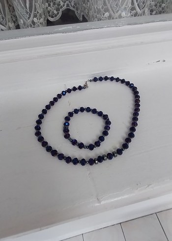 Beden mor Renk Mor krustal Boncuklu Kısa Kolye ve Bileklik Seti