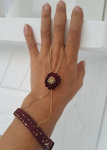 Bordo Boncuk İşlemeli Bohem El Zinciri - Görsel 3