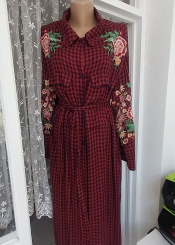 Bordo Nakışlı Uzun Bohem Elbise