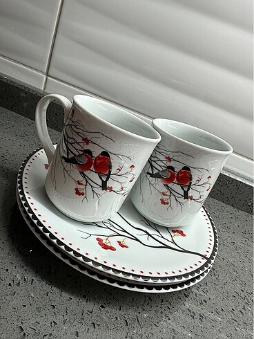 Kütahya Porselen Kiraz Çiçeği & Kuş Kupa + Pasta tabağı
