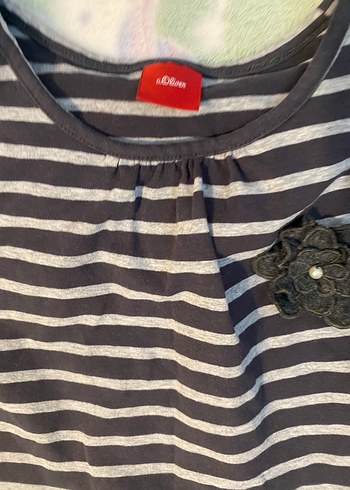 Kız Çocuk Gri Çizgili Nakışlı Uzun Kollu Tişört - Görsel 3