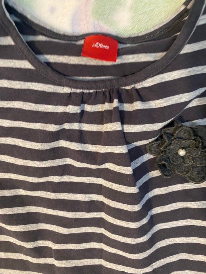 Kız Çocuk Gri Çizgili Nakışlı Uzun Kollu Tişört - Görsel 3