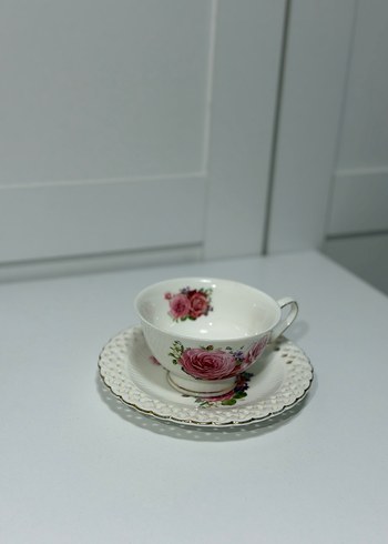 Vintage Beyaz Porselen Çay Fincanı ve Tabağı - Görsel 2