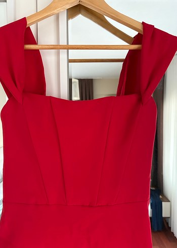 Parlak Kırmızı V Yaka Midi Elbise - Görsel 2