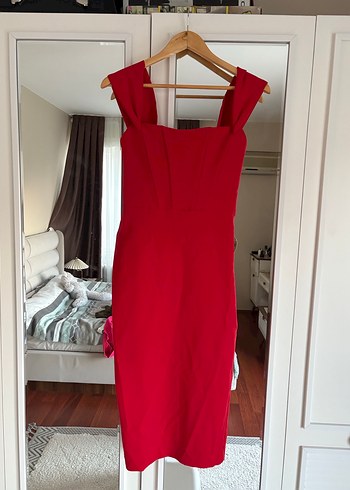 Parlak Kırmızı V Yaka Midi Elbise - Görsel 4