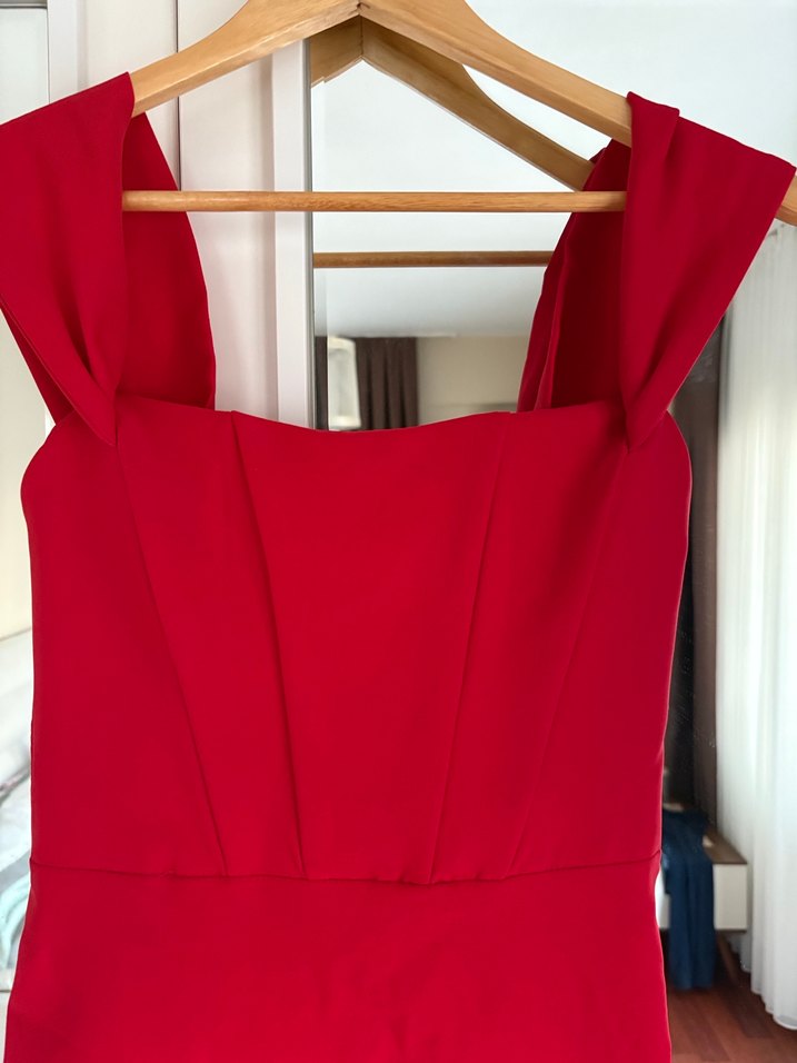 Parlak Kırmızı V Yaka Midi Elbise - Görsel 2