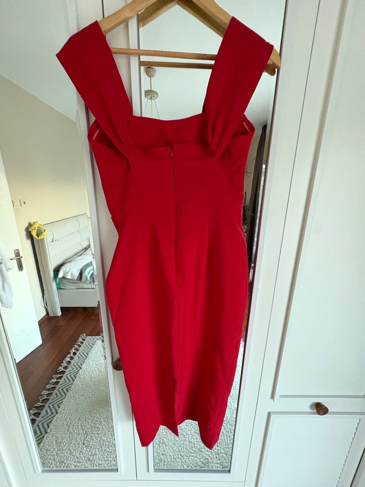 Parlak Kırmızı V Yaka Midi Elbise - Görsel 3