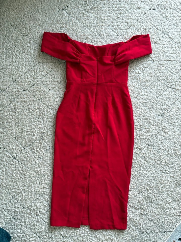 Parlak Kırmızı V Yaka Midi Elbise - Görsel 5