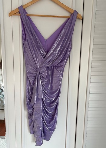 Mor Parlak Drapeli V Yaka Midi Elbise 36/38 - Görsel 2