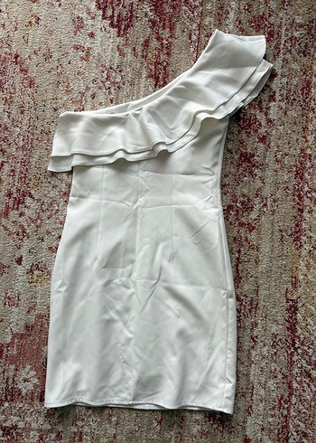 Beyaz Fırfırlı Tek Omuz Midi Abiye Elbise - Görsel 3