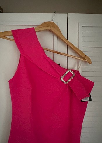 Pembe Parlak Midi Straplez Elbise - Görsel 2