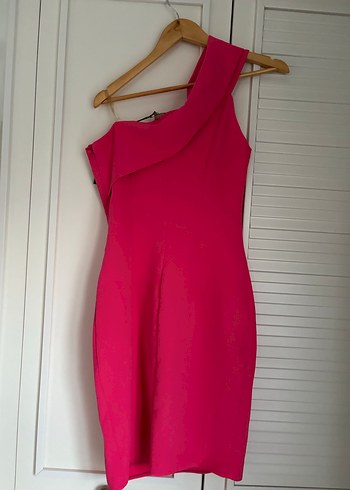 Pembe Parlak Midi Straplez Elbise - Görsel 3