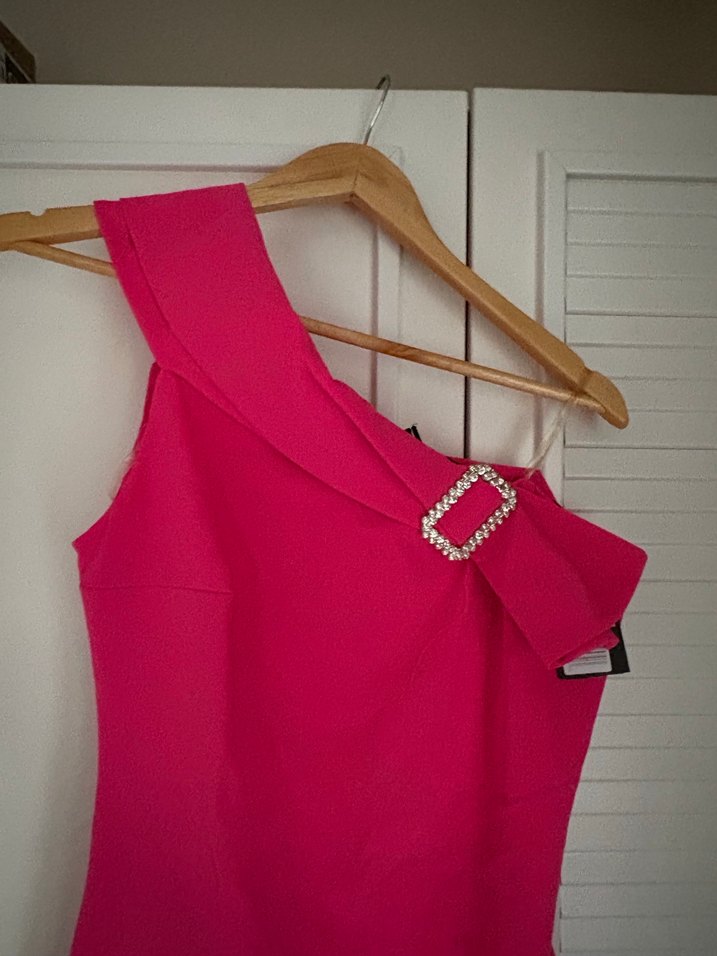 Pembe Parlak Midi Straplez Elbise - Görsel 2