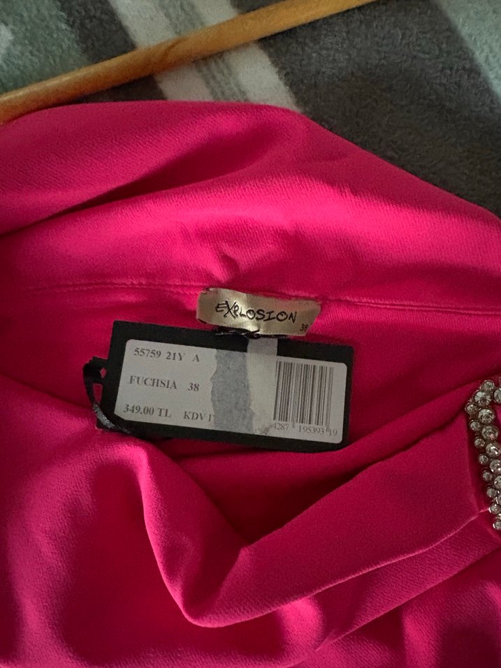 Pembe Parlak Midi Straplez Elbise - Görsel 5