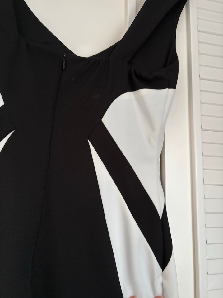 V Yaka Siyah-Beyaz Uzun Kalem Elbise - Görsel 4