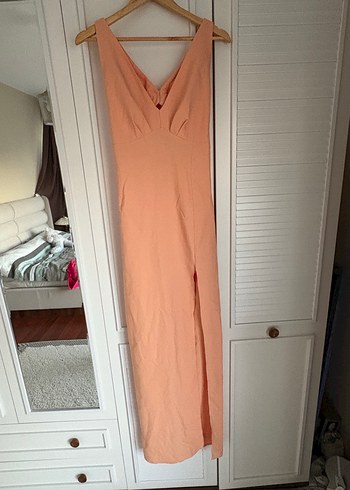 Bej V Yakalı Uzun Abiye Elbise - Görsel 3