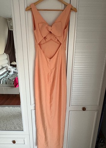 Bej V Yakalı Uzun Abiye Elbise - Görsel 2