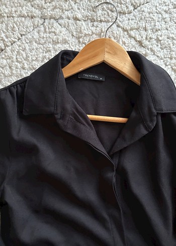 Düğmeli Siyah Mini Kadın Gömlek - Görsel 3