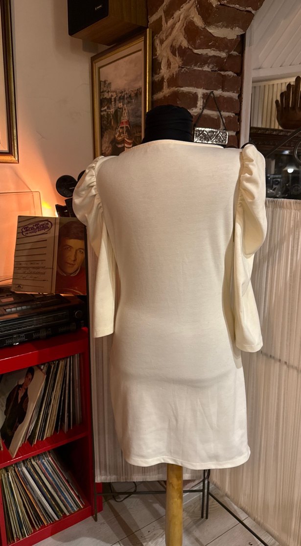 90lardan Beyaz Vintage Baskılı Mini Elbise - Görsel 4