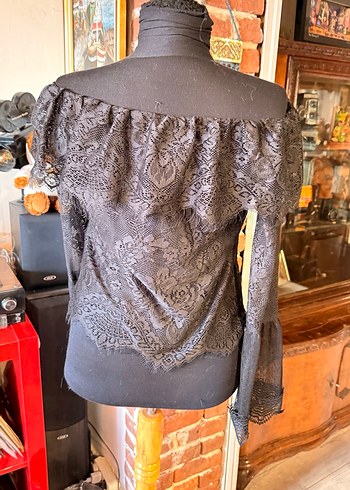 Siyah Dantel Straplez Uzun Kollu Mini Bluz - Görsel 3