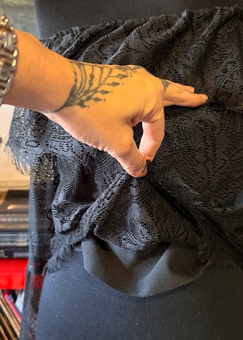 Siyah Dantel Straplez Uzun Kollu Mini Bluz - Görsel 5