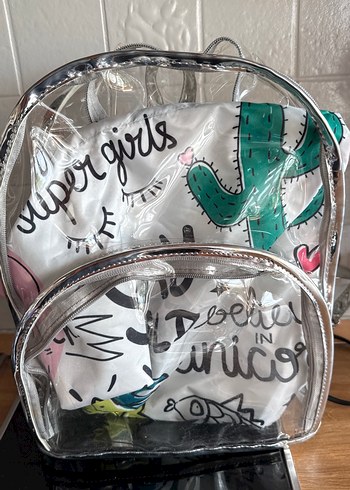 Şeffaf Fermuarlı Kadın Sırt Çantası 3 adet kesesi ile beraber - Görsel 8