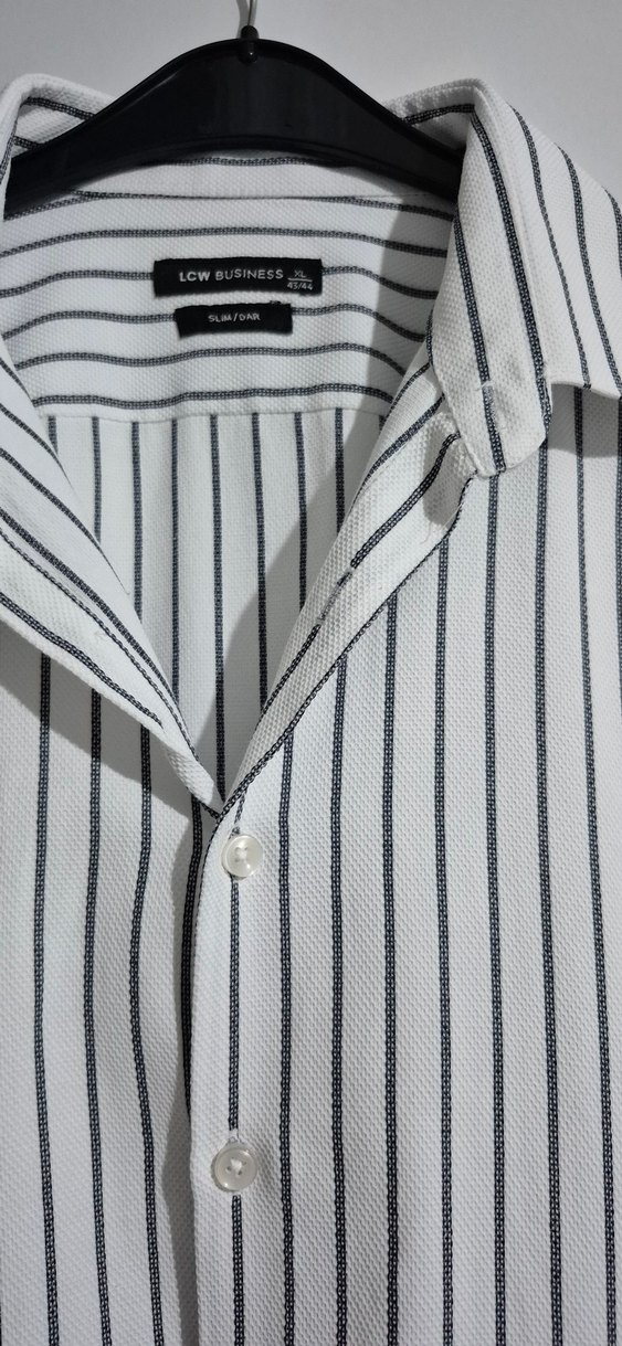 Düğmeli Beyaz  Çizgili Erkek Keten Gömlek - Görsel 2