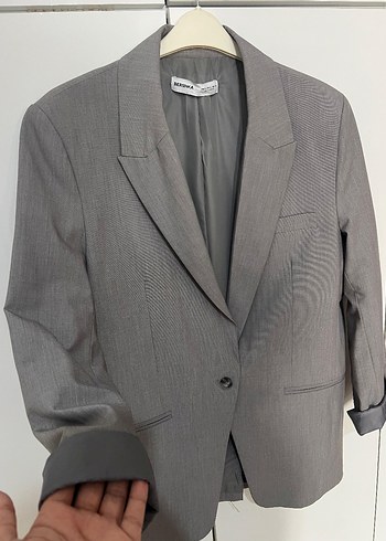 Gri Kadın Keten Kumaşlı Ofis Blazeri - Görsel 4