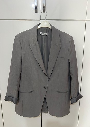 Gri Kadın Keten Kumaşlı Ofis Blazeri - Görsel 2