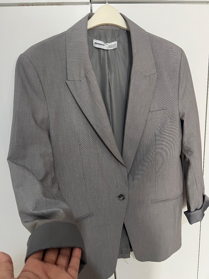 Gri Kadın Keten Kumaşlı Ofis Blazeri - Görsel 4