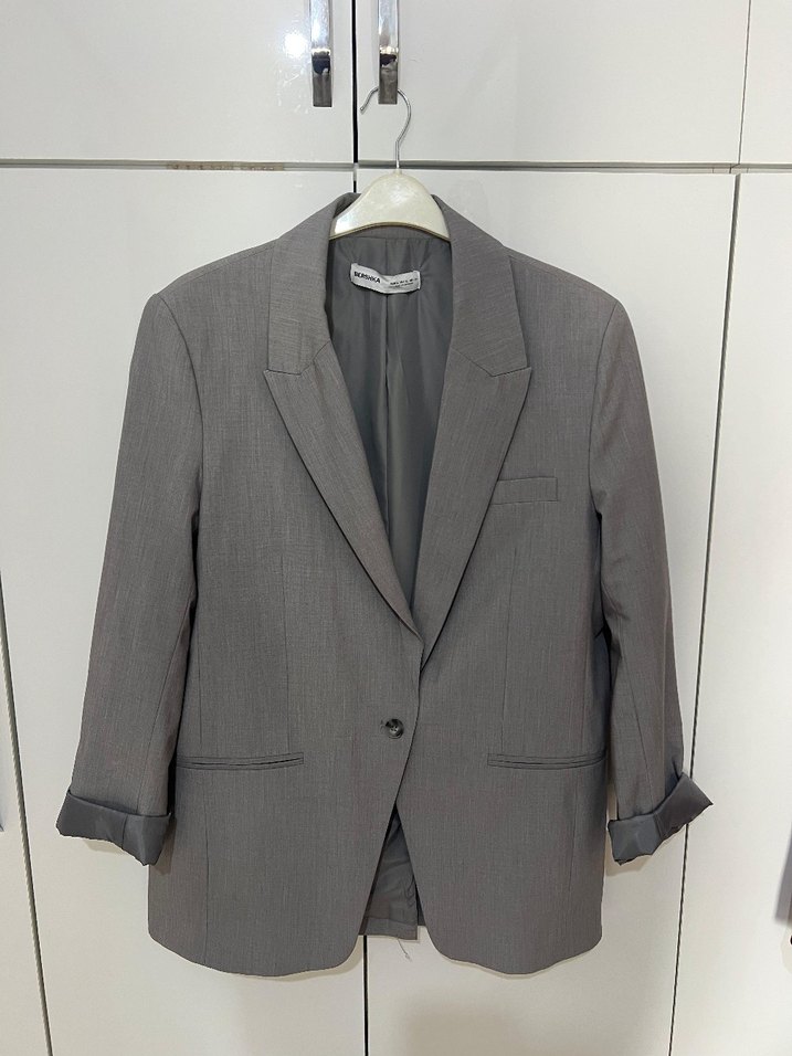 Gri Kadın Keten Kumaşlı Ofis Blazeri - Görsel 2