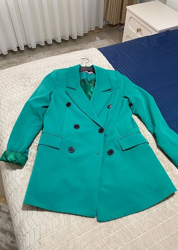 Diğer Düğmeli Turkuaz Kadın Uzun Blazer Ceket