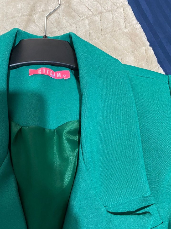 Düğmeli Turkuaz Kadın Uzun Blazer Ceket - Görsel 3