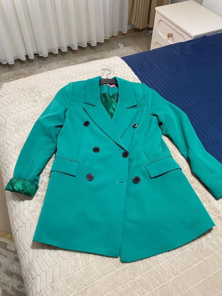 Düğmeli Turkuaz Kadın Uzun Blazer Ceket - Görsel 2