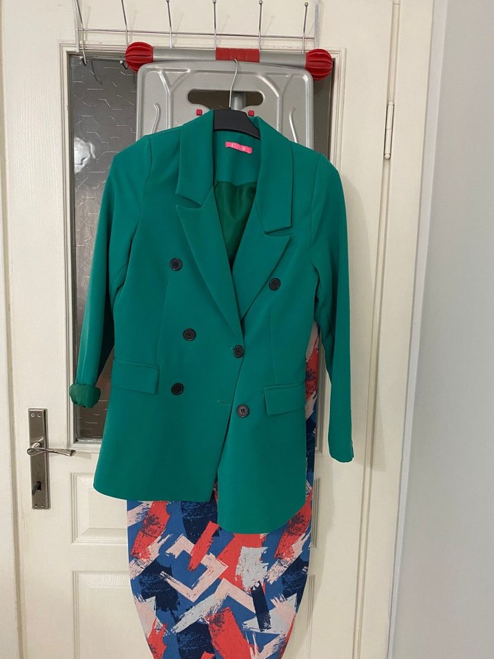 Düğmeli Turkuaz Kadın Uzun Blazer Ceket - Görsel 4