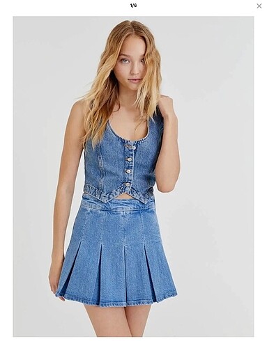 m Beden lacivert Renk Pull and Bear Pileli Jean Kot Etek