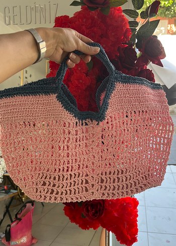 Pembe büyük boy hasır plaj çantası