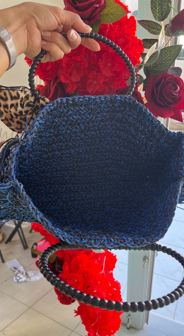 Lacivert Püsküllü Leopar Desenli Örgü Çanta - Görsel 3