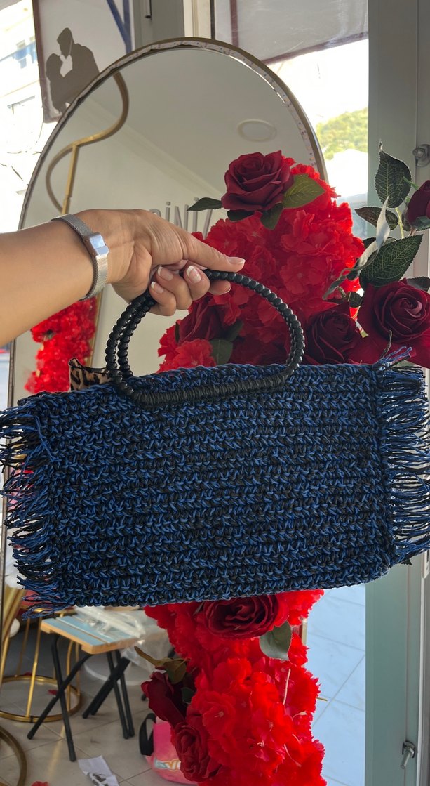 Lacivert Püsküllü Leopar Desenli Örgü Çanta - Görsel 2