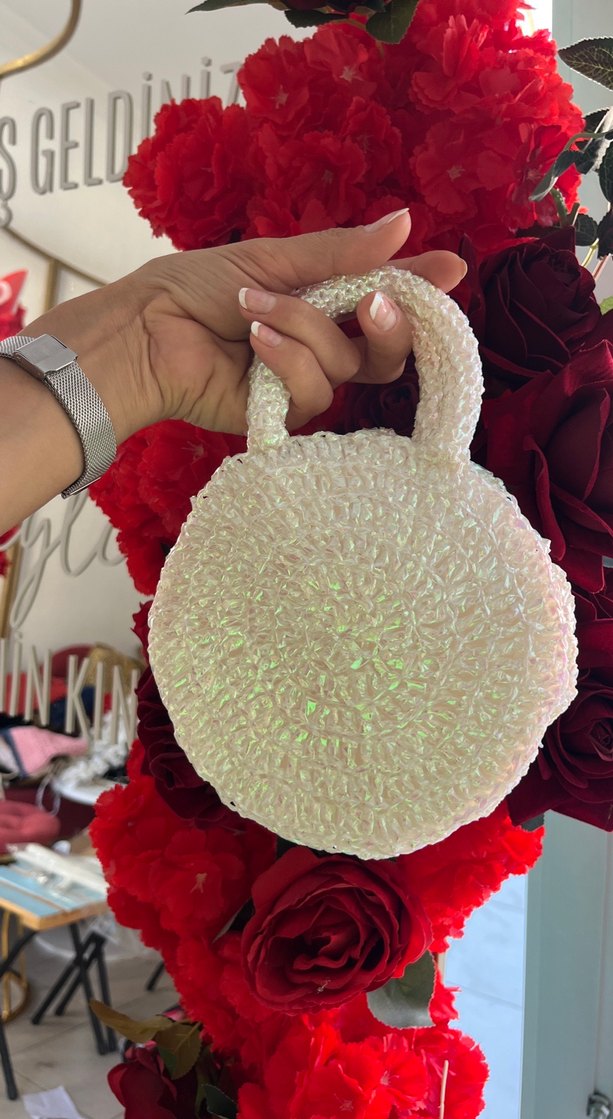 Beyaz Örgü abiye gül Kadın Çanta - Görsel 2