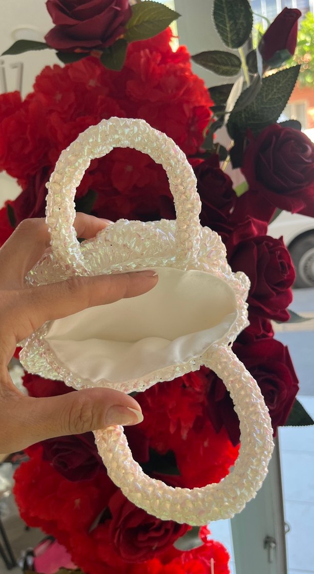 Beyaz Örgü abiye gül Kadın Çanta - Görsel 3